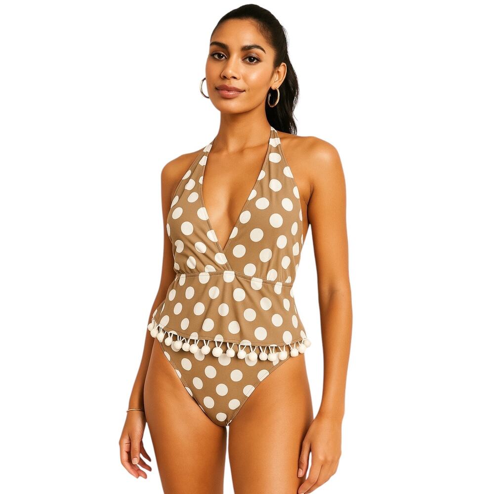 Boohoo Tan White Polka Dot Sleeveless Pom Pom Camisole One Piece Swimwear Sz 14